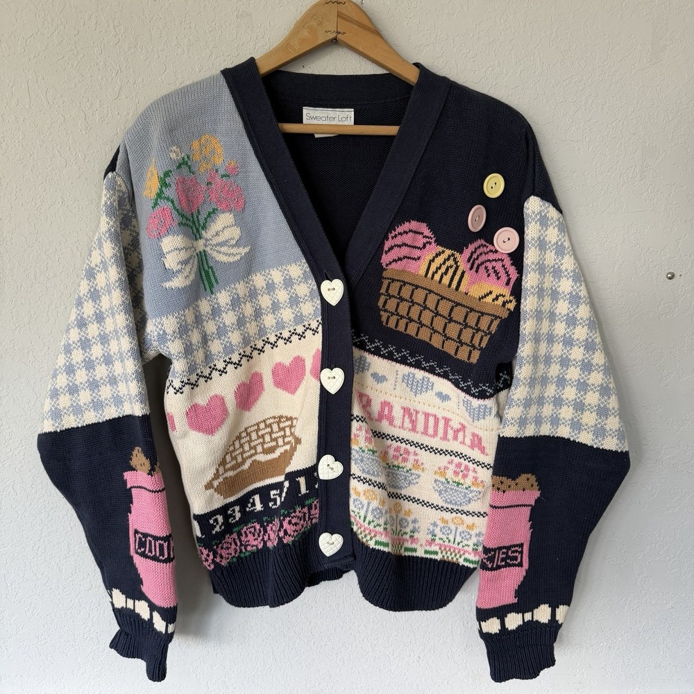 Sweater Loft Vintage Grandma Core Patchwork Knit Love Cardigan Size Medium Blue